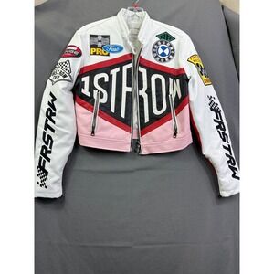 First Row Women Racing Jacket White Pink Cropped Moto Faux Leather Patch Small
